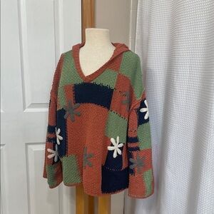 POL Multicolor Patchwork V-Neck Hooded Sweater M Oversized